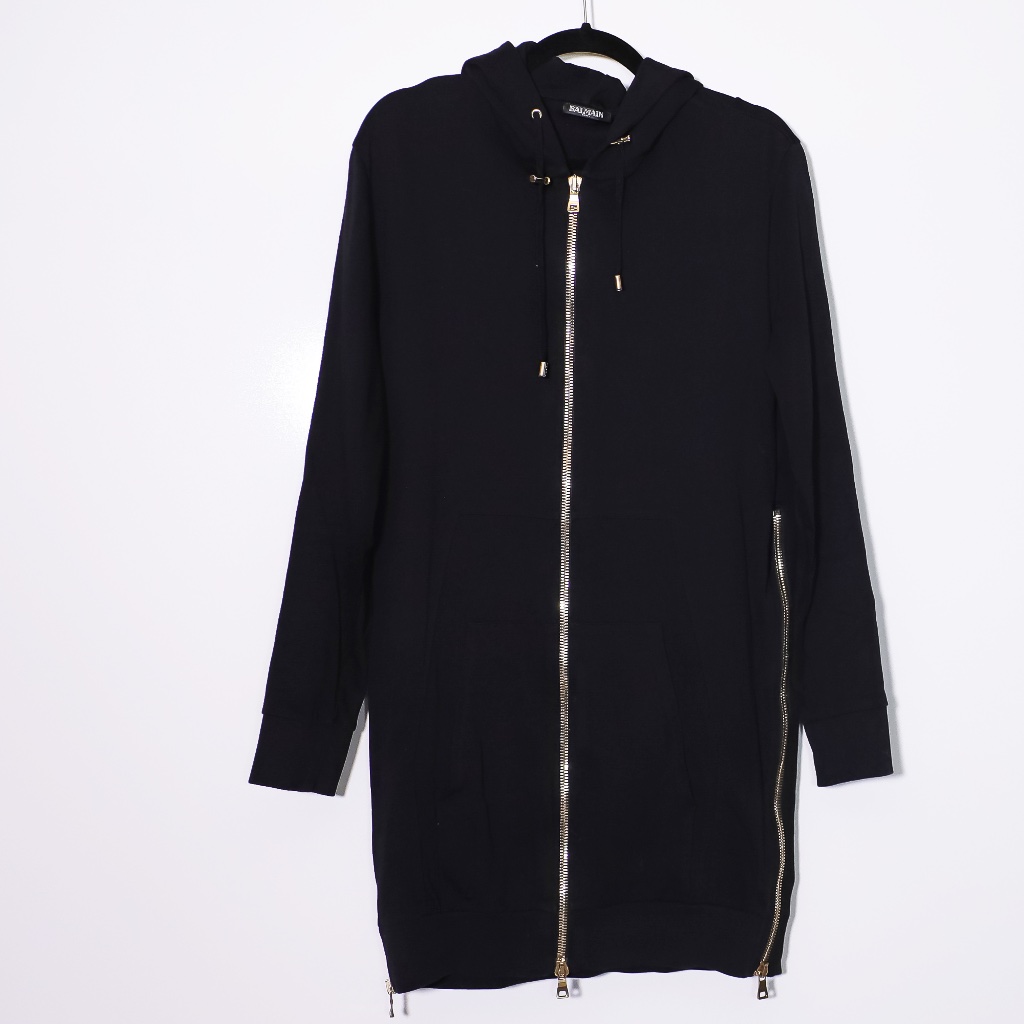 Balmain Men's Black Long Side Full Zip Cotton Hoodie Jacket Solid Black Large